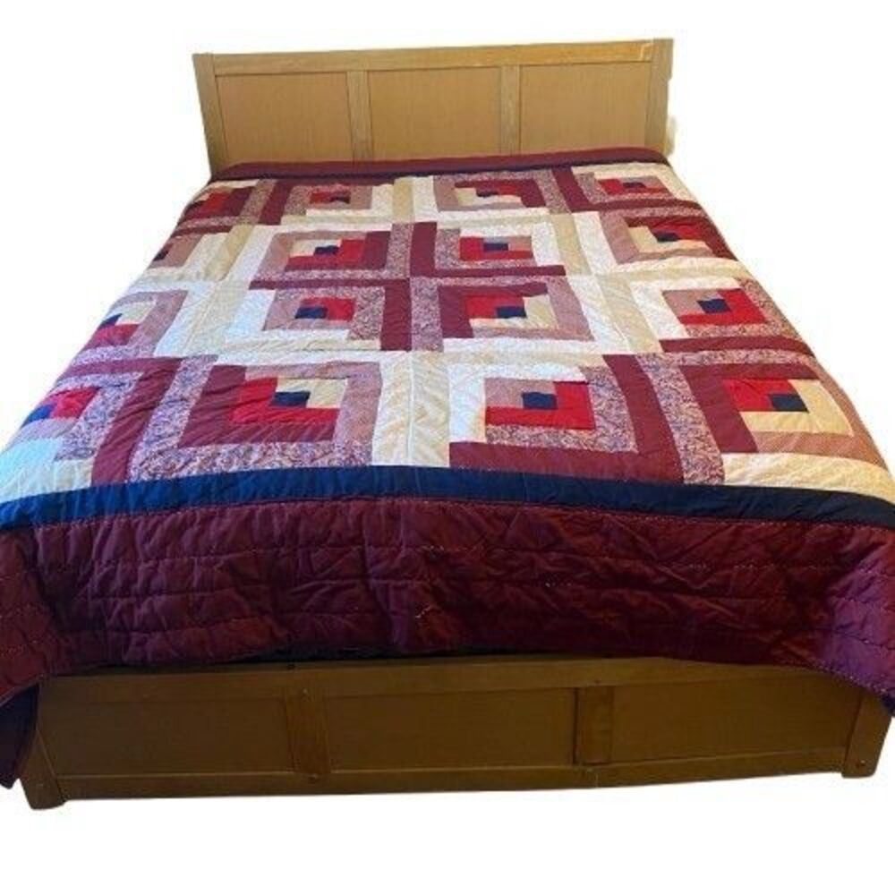 Vintage Hand Stitched Log Cabin Quilt Queen 83x84 Burgundy Navy Farmhouse Decor
